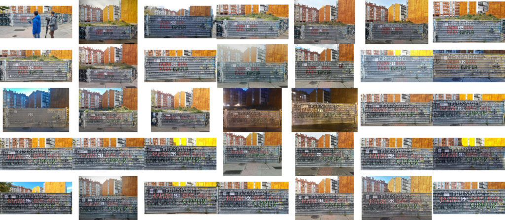 Mosaico de fotografáisde pintadas en la valla del obispado y Mutualia.
