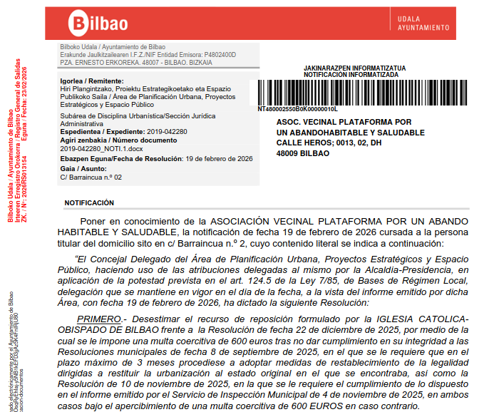 2026-02-19 Desestimación de recurso de Obispado por multa