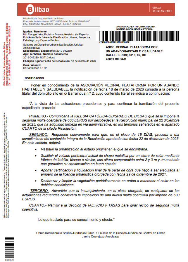 2026-03-18 Imposición de la segunda multa coercitiva al Obispado por desobediencia en cumplimiento resolución