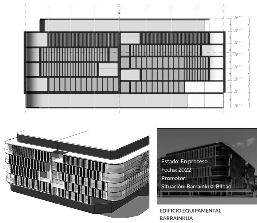 Imágenes del proyecto en la web de Katsura.es. El edificio de Mutualia (izquierda) tiene una planta menos y más altura entre plantas.