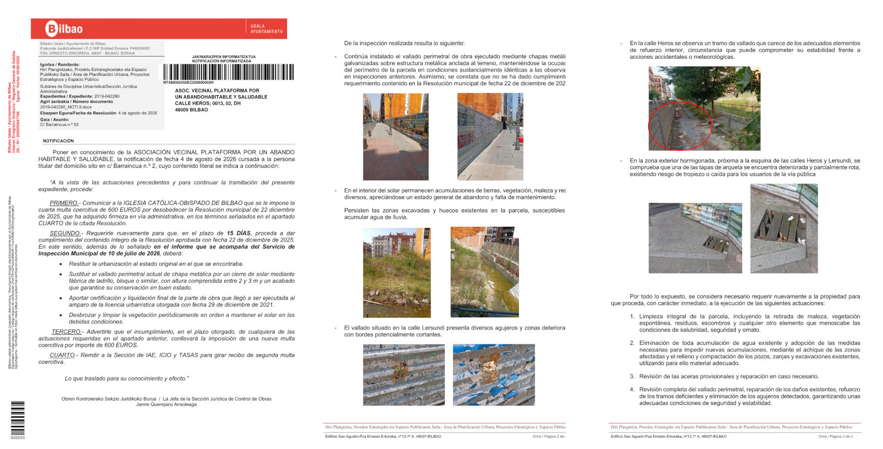 2026-08-04 Imposición de la cuarta multa coercitiva al Obispado por desobediencia en cumplimiento resolución + Informe visita de obra